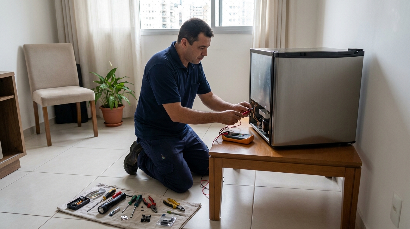 Técnico fazendo manutenção do motor de frigobar em Piracicaba‑SP