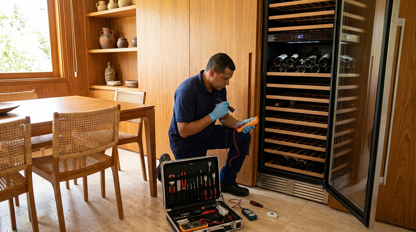 Substituição de termostato em adega climatizada em visita técnica na Pombeva, Piracicaba‑SP