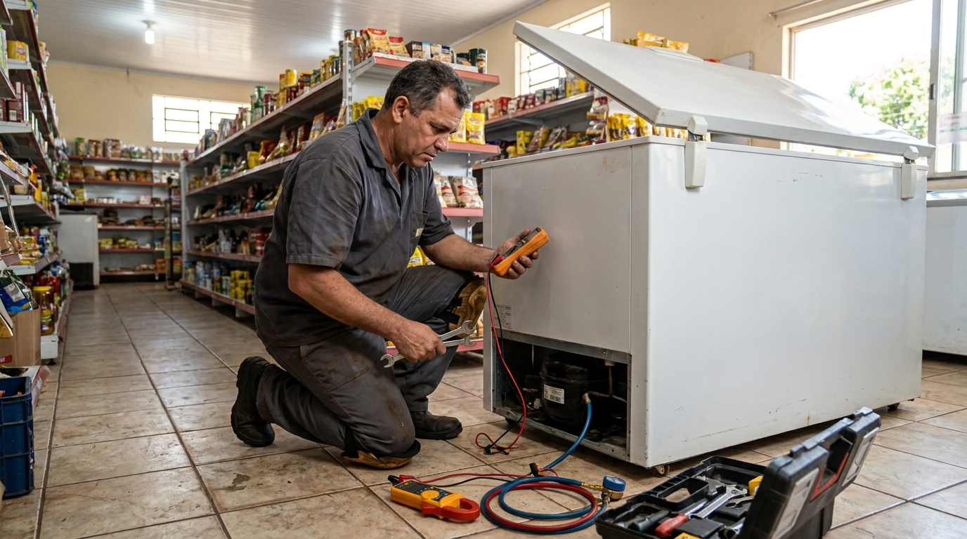Substituição de termostato de freezer em visita técnica em Piracicaba‑SP